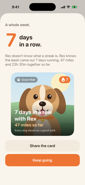 Good Walk milestone card: 7 days in a row with Rex, 47 miles so far, with a Share the card button