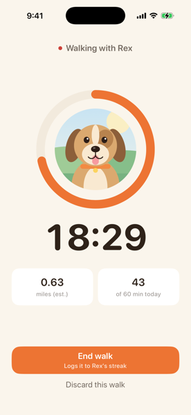 Good Walk walk timer at 18 minutes 29 seconds with 0.63 estimated miles and 43 of 60 minutes for today